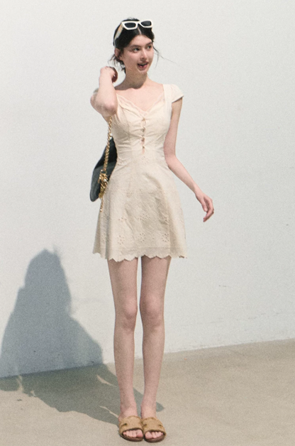 Cream White Eyelet Embroidered Square Neck Mini Dress Women High Waist A-Line Dress R9355