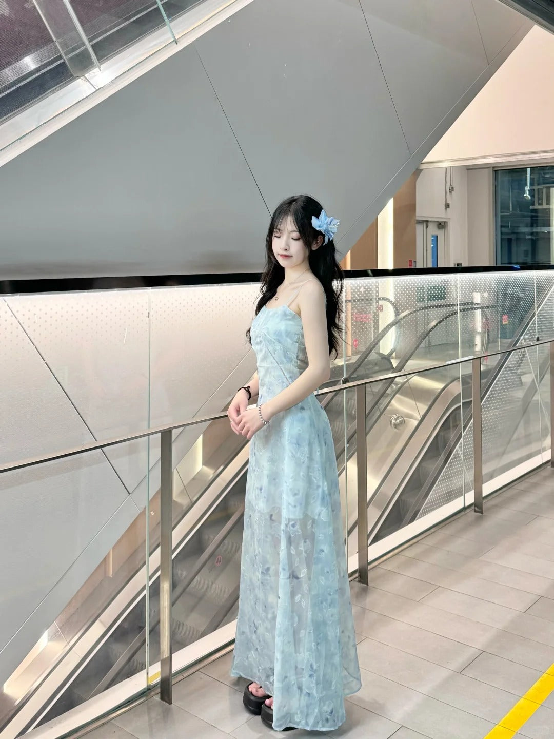 Light Blue Floral Spaghetti Strap Maxi Dress R9119