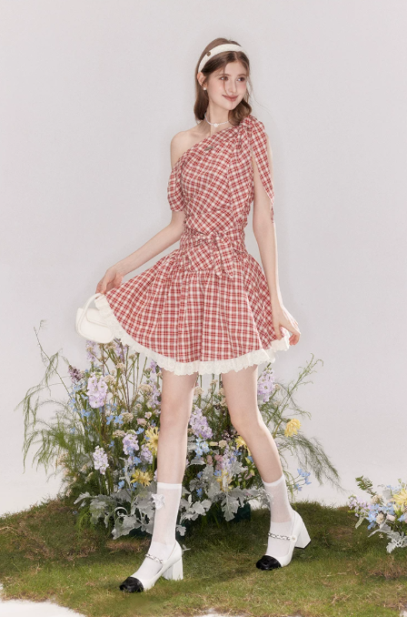Cottagecore Gingham One-Shoulder Tie-Waist Mini Dress R9239