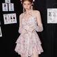 Soft Girl Coquette Halter Neck Purple Rose Pattern Slim Fit Tiered Hem Mini Dress R9314