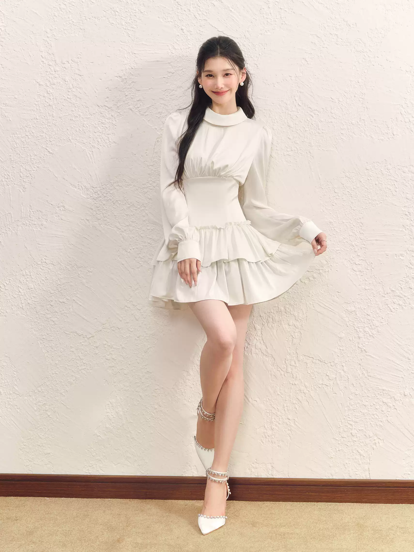 White High Neck Tiered Dress Women With Long Sleeves And Waist Cinched Design R9397