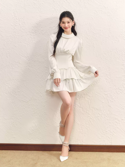 White High Neck Tiered Dress Women With Long Sleeves And Waist Cinched Design R9397