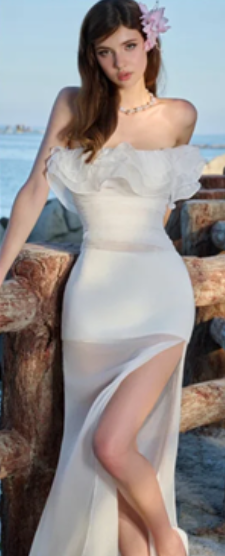 White ruffled neckline one shoulder waist slim sexy mid-length skirt homecoming dress R4586