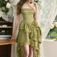 Olive Green Asymmetric Lace Cami Dress with Tiered Ruffle Skirt and Corset Back R9264