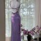 Purple halter-neck, fitted waist, backless, sexy bodycon long ball gown R7601