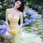 Yellow Spaghetti Strap Waist-Cinched Fitted Mermaid Hem Prom Dress R7085