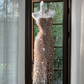 Champagne pink halter neck fitted waist sequined long ball gown R7640