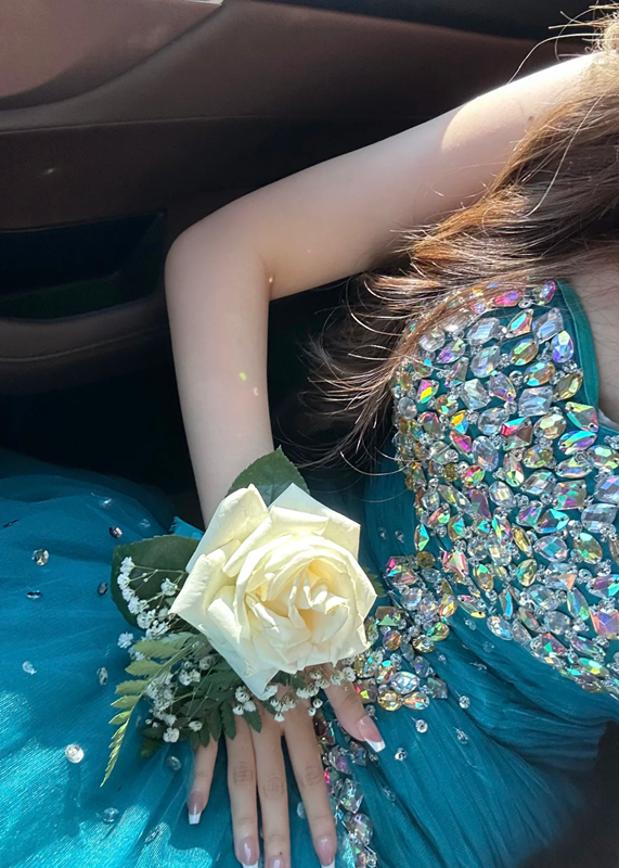 Lake blue tube top slim waist pleated hip sexy long skirt ball gown, bridal gown R6065