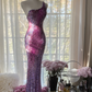 Purple one-shoulder sexy fitted waist bodycon long ball gown R7721
