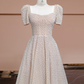 Nude pink square neckline, fitted waist, A-line skirt, long elegant ball gown, bridal dress R8305