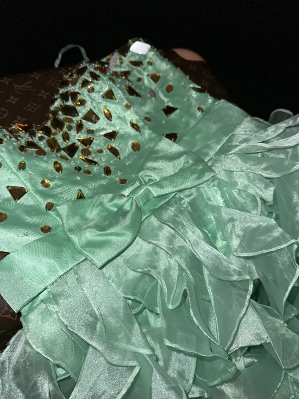 Light green halter-neck fitted ball gown with an asymmetrical hem R7045