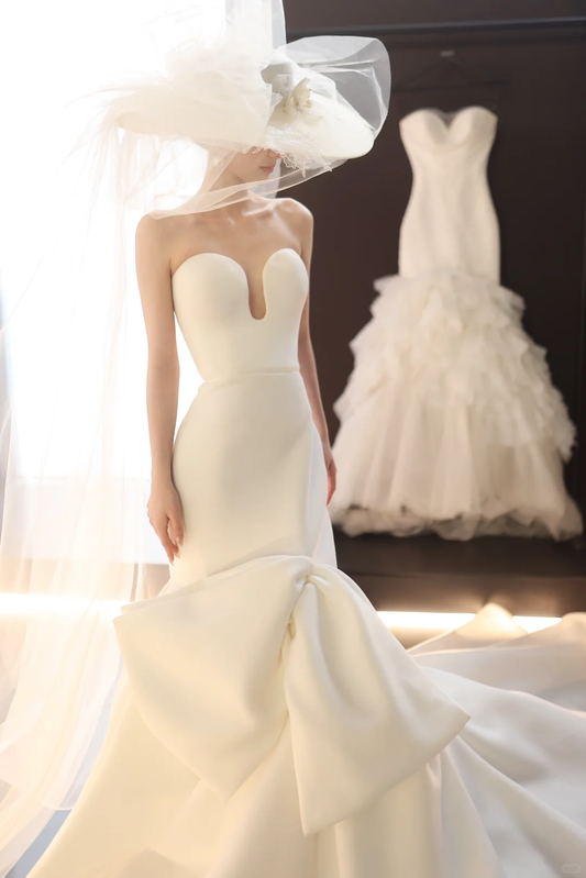 White strapless slim waist sexy satin long dress bridal gown R6027