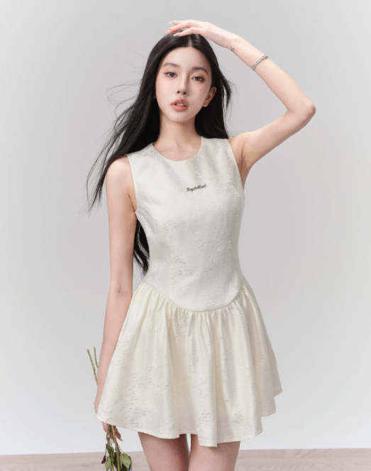 Cream White Sleeveless Jacquard Mini Dress Women With Corset Style Bodice R9450