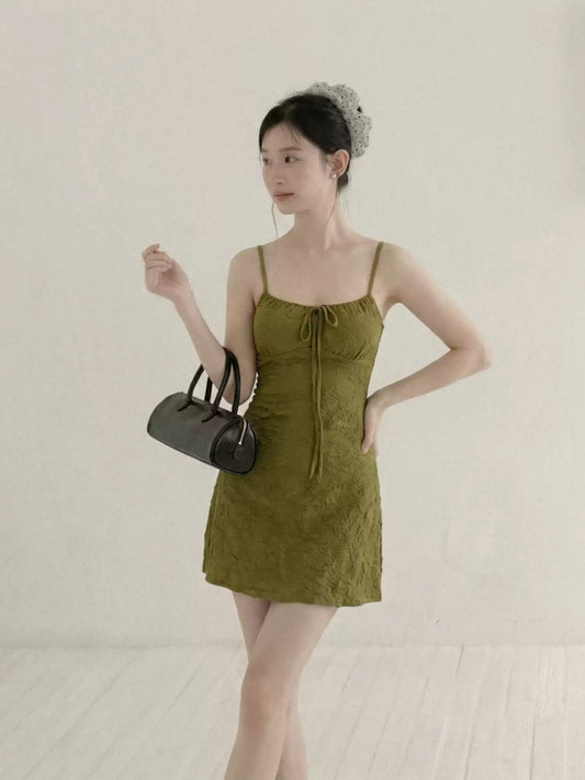 Olive Green Lace Cami Mini Dress with Tie Front R9172