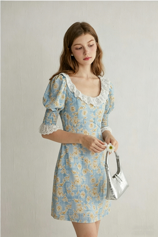 Blue Floral Print Mini Dress Women With Lace Trim Neckline And Puff Sleeves R9479