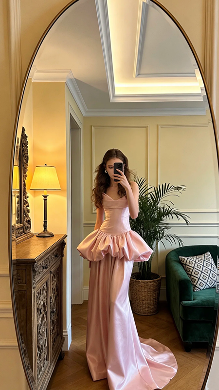 Light pink strapless fitted waist long elegant ball gown, bridal dress R8578