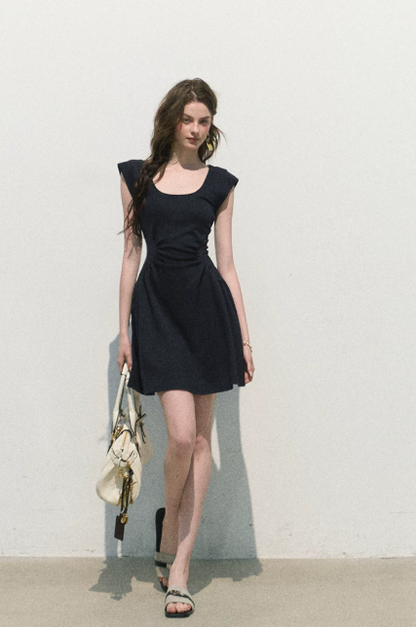 French Style Dark Blue Bodycon Dress High Waist Slim Fit Casual Party Dress R9356