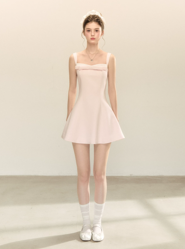 Pink Cami Dress with Front Bow, Square Neck and Back Zipper R9221