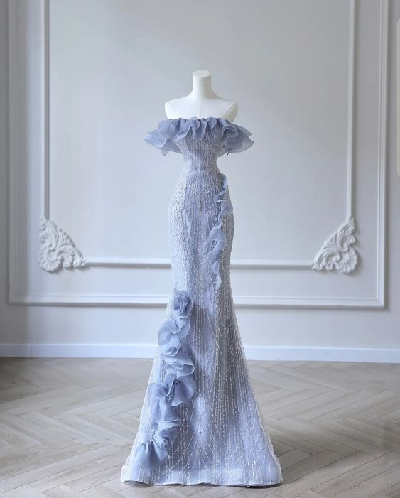 Blue one-shoulder ruffled waist slim-fitting hip maxi dress, prom dress R5615