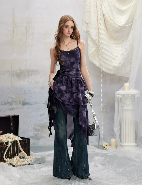 Grunge Style Purple Tie-Dye Cami Dress With Tiered Skirt And Layered Design R9306