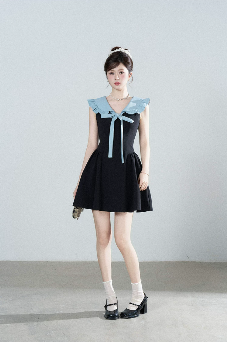 Black & Blue Dress, Women's Sleeveless Ruffle Collar with Bow A-Line Mini Dress R9340
