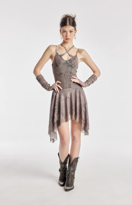 Khaki Halter Mesh Dress Women With Asymmetrical Hem And Matching Arm Sleeves R9388