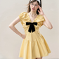 2026 Summer Yellow Puff Sleeve Dress Women, Coquette Black Bow V-Neck A-Line Mini Dress R9324