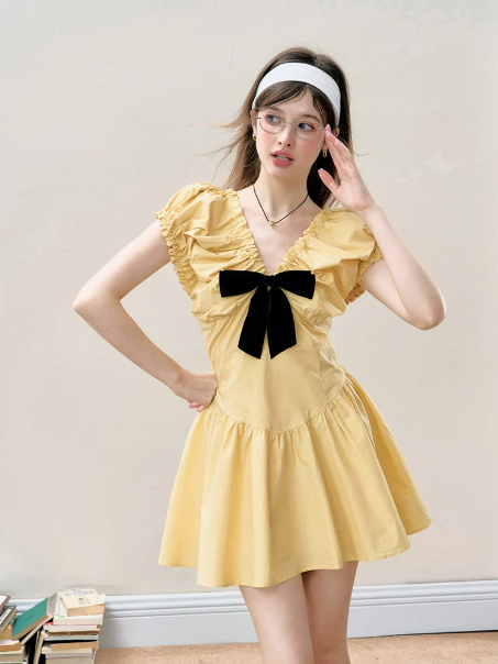 2026 Summer Yellow Puff Sleeve Dress Women, Coquette Black Bow V-Neck A-Line Mini Dress R9324