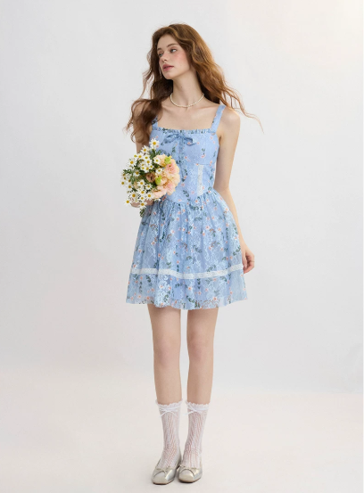 Blue Floral Lace Cami Dress Women With Bow Detail And Flared Skirt R9451