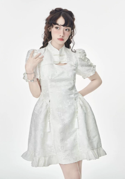 White Qipao Style Mini Dress with Mandarin Collar, Puff Short Sleeves and Ruffle Hem R9273
