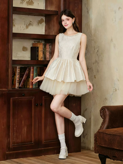 Elegant Off-White Jacquard Dress with Rhinestone Embellished Neck R9210