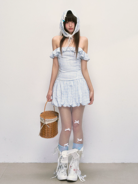 Blue Gingham Off-Shoulder Mini Dress with Ruffled Neckline, Smocked Back, Bubble Hem R9253