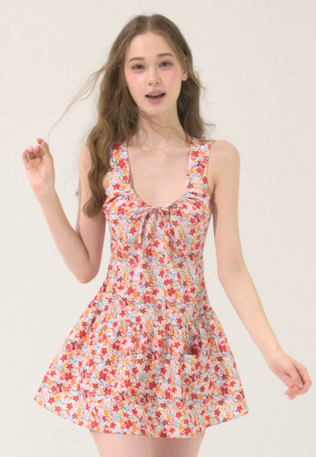 Red Floral Halter Mini Dress With Bow Detail And Flounce Skirt R9281
