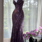 Purple sequined halter-neck fitted sexy ball gown R6526