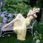 Yellow Spaghetti Strap Waist-Cinched Fitted Mermaid Hem Prom Dress R7085