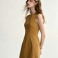 Camel Linen-Blend Sheath Dress Women With Round Neck And Sleeveless Design R9460