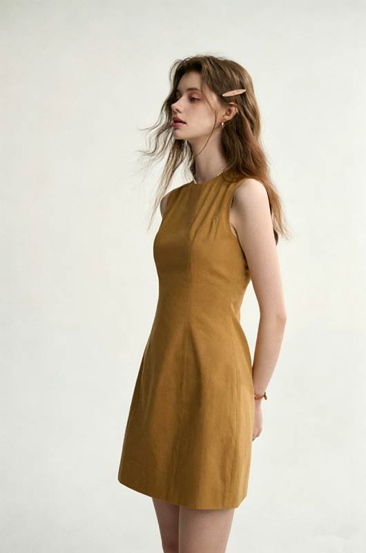 Camel Linen-Blend Sheath Dress Women With Round Neck And Sleeveless Design R9460
