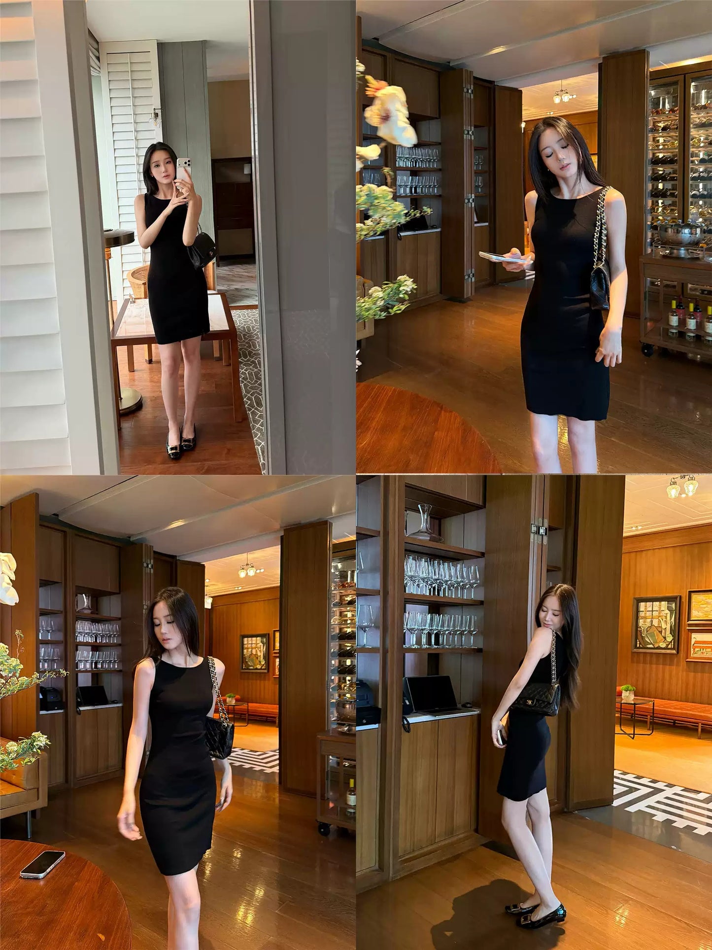 Classic Minimalist Sheath Mini Dress Round Neck Plain Detail Crepe R9188