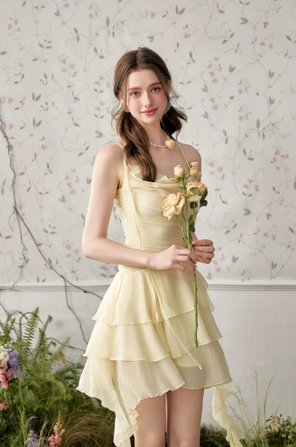 Soft Pale Yellow Halter Neck Chiffon Tiered Layered Mini Dress with Floral Applique and Asymmetrical Hem R9240