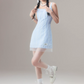 Casual Cute Blue Checkered Mini Dress With Bow Accent And Sheer Tulle Hem For Summer R9301
