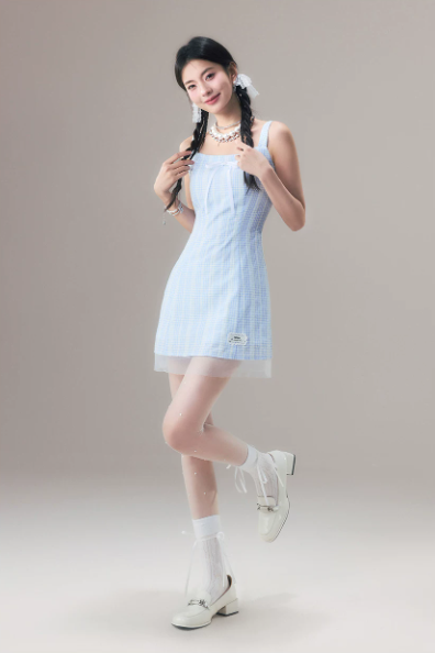 Casual Cute Blue Checkered Mini Dress With Bow Accent And Sheer Tulle Hem For Summer R9301