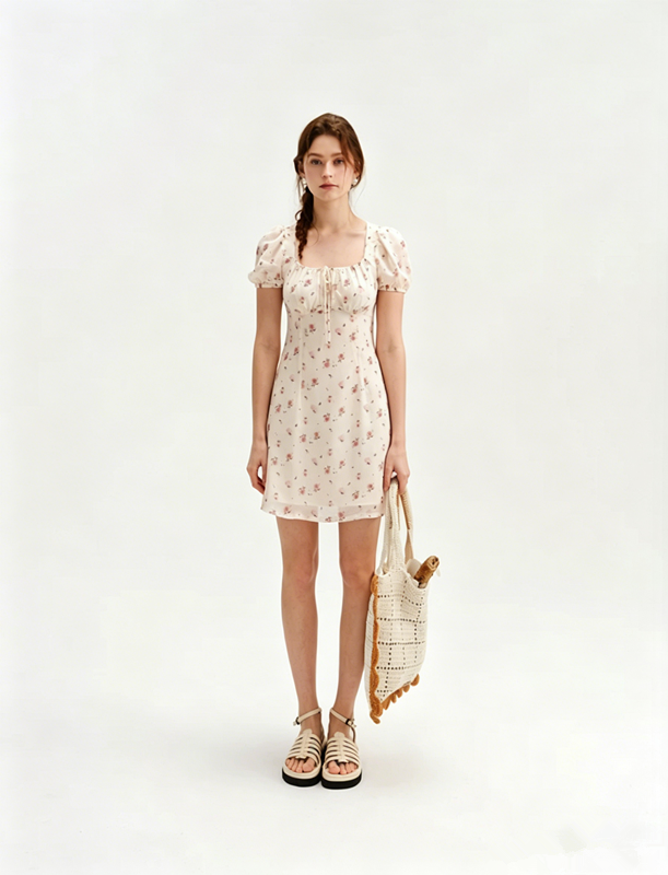 White Floral Print Mini Dress Women With Puff Sleeves And Square Neck R9466