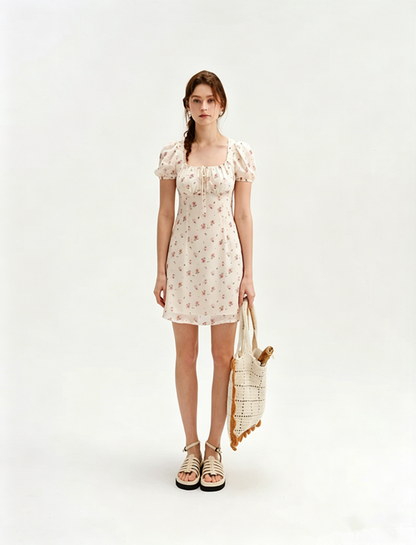 White Floral Print Mini Dress Women With Puff Sleeves And Square Neck R9466