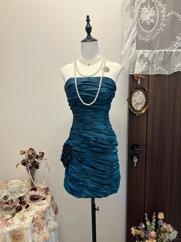 Dark blue tube top waist pleated slim hip sexy short skirt homecoming dress R4304