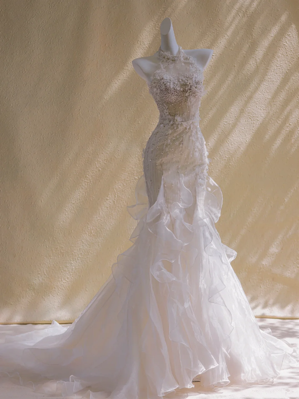 White halter neck diamond waist slim hip long dress bridal gown R5773