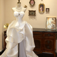 White strapless satin wedding dress with an irregular hem R6566
