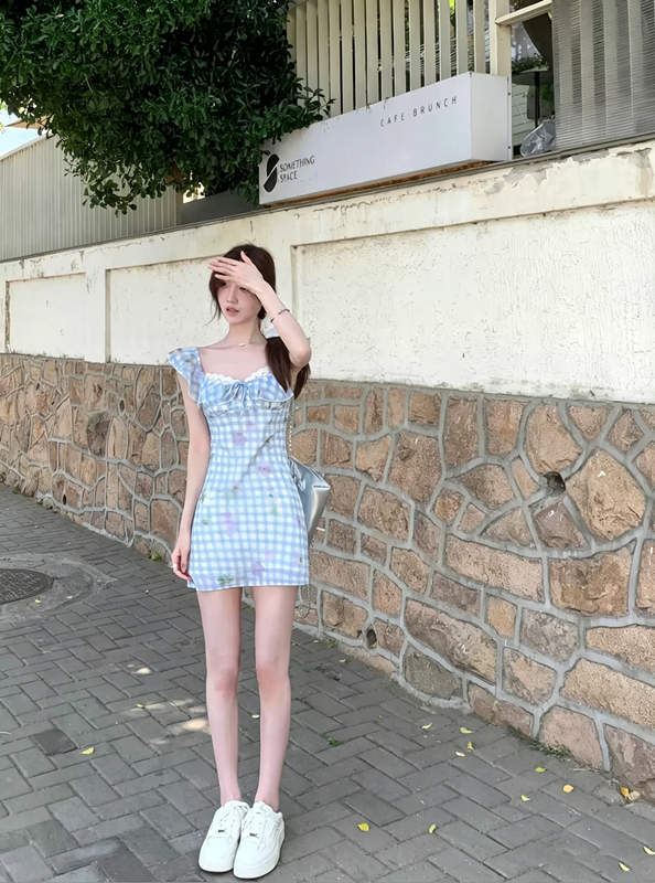 Gingham Floral Print A-Line Dress with Ruffle Shoulders and Lace Neckline R9226