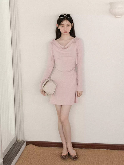 Dusty Pink Cowl Neck Long Sleeve Dress with Shoulder Ties R9174