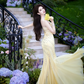 Yellow Spaghetti Strap Waist-Cinched Fitted Mermaid Hem Prom Dress R7085