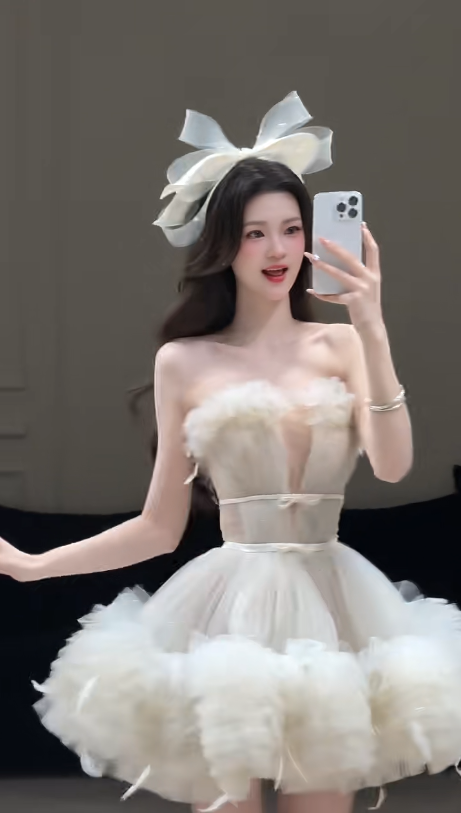 White tube top waist slim fit puffy princess skirt homecoming dress R4224